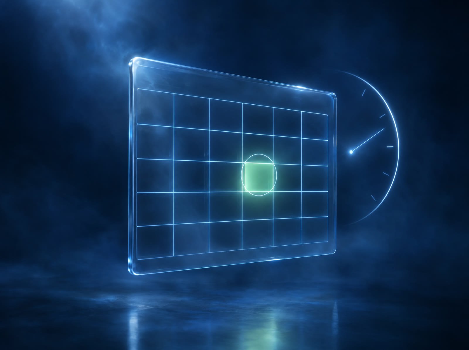 A glass calendar grid of light with one cell glowing green.